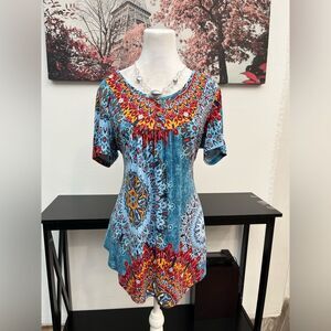 Popyoung Women’s Top Blouse Paisley Short Sleeve Size L Scoop Neck Pullover